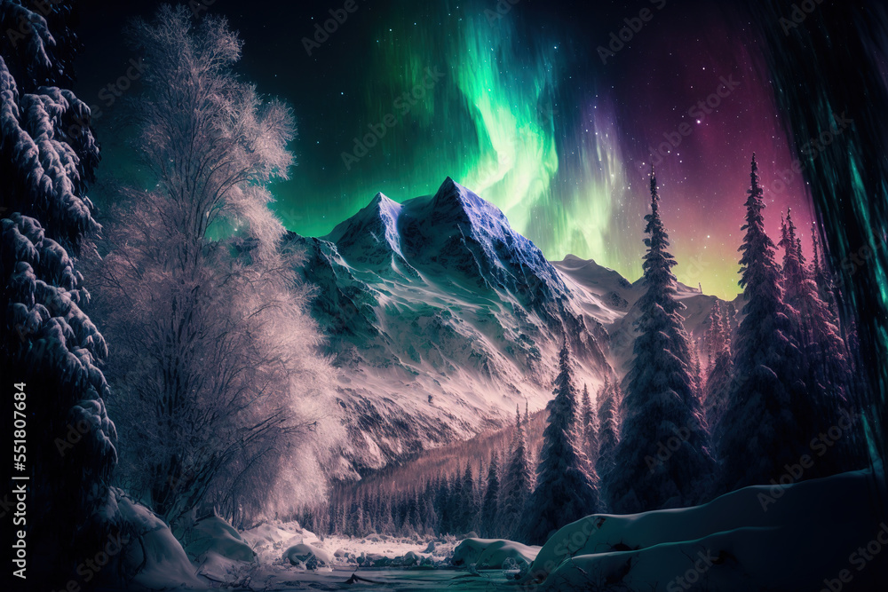 Wall mural northern lights against the background of snowy trees in the winter forest. digital art