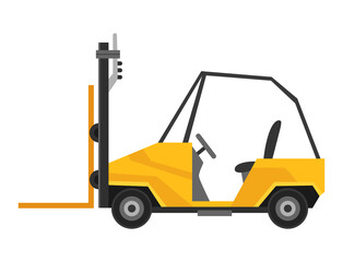 Forklift warehouse or storage equipment. Yellow machine without driver isolated on white background. Delivery, shipment or logistic cargo. Electric uploader. Supply storage service