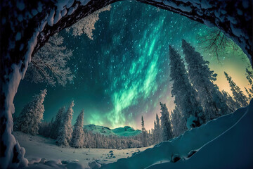 Northern lights against the background of snowy trees in the winter forest. Digital art - obrazy, fototapety, plakaty