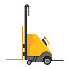 Forklift warehouse or storage equipment. Yellow machine without driver isolated on white background. Delivery, shipment or logistic cargo. Electric uploader. Supply storage service