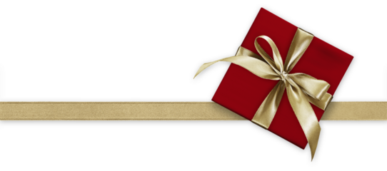 red gift box present and bright shiny golden ribbon bow tape isolated on background, top view blank gift greeting card with copy space for merry Christmas template or valentine day banner