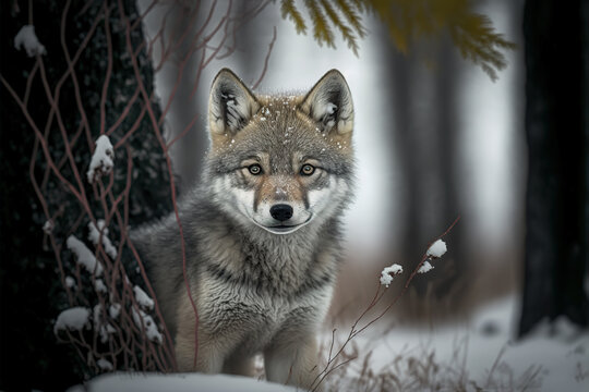 Gray wolf cub  in winter forest. Making eye contact. Snowy landscape. Digital art	