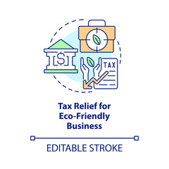 Tax relief for eco-friendly concept icon. Encourage green business. Sustainable abstract idea thin line illustration. Isolated outline drawing. Editable stroke. Arial, Myriad Pro-Bold fonts used