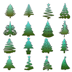 Set of christmas tree silhouette with decorations, vector illustration isolated on white background, template for design, greeting card, invitation.



