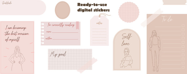 Digital note papers and stickers for digital bullet journaling or planning. Digital stickers for digital planner. Hand drawn beautiful young girls. Minimal style. Vector art.