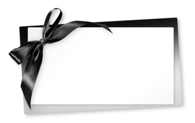 White Blank gift greeting card ticket with bright black ribbon bow, isolated on background, template top view with copy space for merry Christmas and father day banner or shopping price label