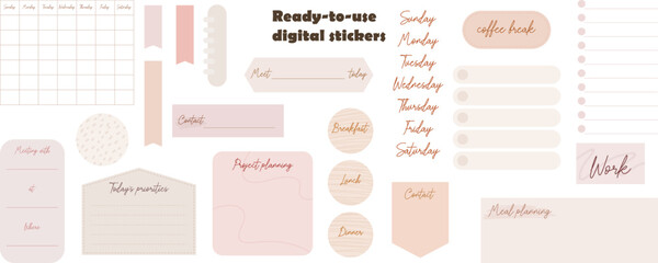 Digital note papers and stickers for digital bullet journaling or planning. Ready to use digital stickers for digital planner. Hand lettering. Minimal style. Vector art. - 551808415
