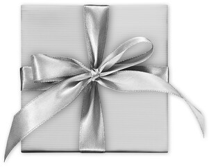 silver Gift box wrapped with bright ribbon bow tape isolated on transparent background, object for...