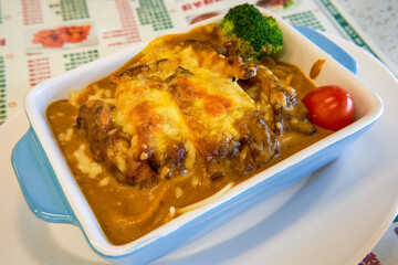 Delicious cheese steak baked pasta in a Hong Kong-style tea restaurant
