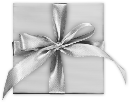 silver Gift box wrapped with bright ribbon bow tape isolated on transparent background, object for gift greeting card, Merry Christmas and mother or father day banner or promotion shopping advertising