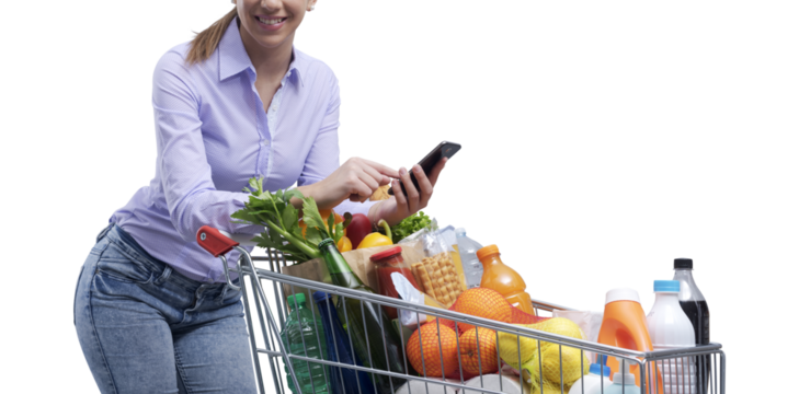 PNG file no background Woman using her smartphone at the supermarket - Powered by Adobe