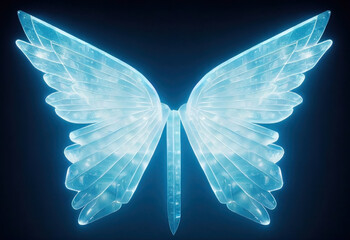 Blue glassy ice wings. Diamond feathers. Cold glowing blue angelical wing set against a black background. 3D digital illustration render. Grain texture with dust scratches. blue wings set 5