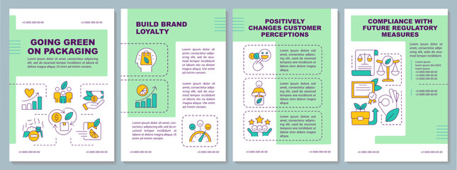 Ecological packaging green brochure template. Sustainable materials. Leaflet design with linear icons. Editable 4 vector layouts for presentation, annual reports. Arial, Myriad Pro fonts used