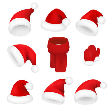 Christmas Santa Claus hats set. New Year red hat Isolated on white background. Vector 3d realistic
