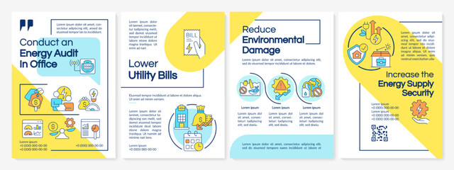 Fototapeta na wymiar Energy audit in office blue and yellow brochure template. Save power. Leaflet design with linear icons. Editable 4 vector layouts for presentation, annual reports. Questrial, Lato Regular fonts used
