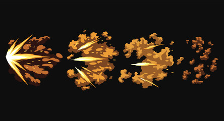 Gun flashes or gunshot animation. Collection of fire explosion effect during the shot with the gun. Cartoon flash effect of bullet starts. Shotgun fire, muzzle flash and explode