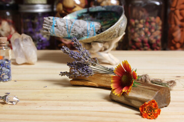 Dried Lavender With Palo Santo Sticks and Abalone Shell For Smudging in Background Shallow DOF