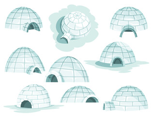 Igloo icon set. Cartoon icehouse in different variations. Winter construction from ice blocks. Eskimo peoples house isolated on white background - obrazy, fototapety, plakaty
