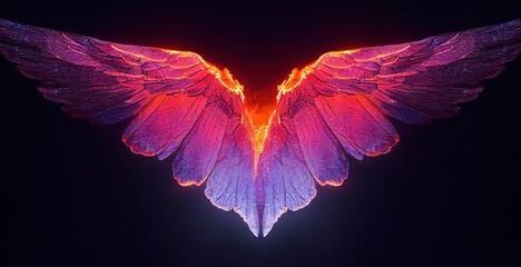Flaming pink, purple and orange lowing angel or demon wings. Butterfly. Dark background. 3D digital illustration render. Grain texture with dust scratches. Focal Blur. wing set 2