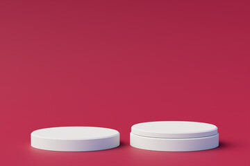 Cubeconcrete pedestal podiums on red background. Abstract minimal scene with geometrical. Scene to show cosmetic products presentation. Mock up design empty space. Showcase, display case. 3d rendering