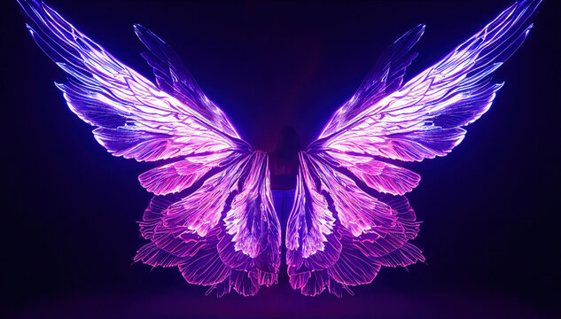Magical glowing angel fairy wings and feathers. Purple, pink and warm tones glow. Dark background. 3D digital illustration render. Grain texture with dust scratches. Focal Blur. Set 2