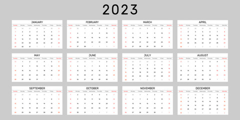 Calendar 2023 year vector illustration. Annual calendar 2023 template