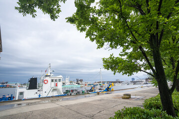タンカーや漁船が停泊する梅雨時期の新潟西港