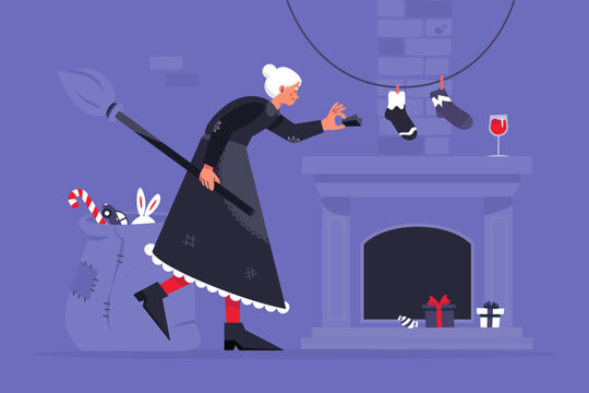 Italian Befana Fill Socks With Candy And A Lump Of Coal. Eve Of The Feast Of The Epiphany. Delivering Gift  To The Children's Houses Through The Chimney. Flat Vector Illustration.