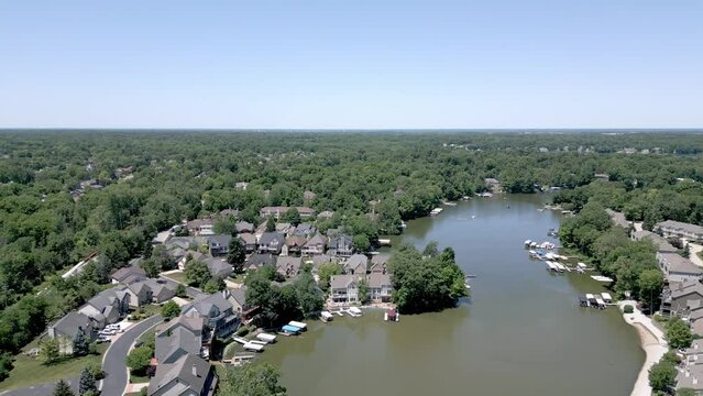 Aerial view over wealthy suburban area, Geist Reservoir, Indianapolis