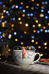 Tea Cup Wearing Glasses On Candy Cane Nose with Holidays Bokeh Lights