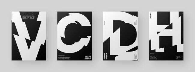 Abstract Poster Design Set. Vertical A4 format. Modernism brochure kit. Refraction and Distortion Glass Effect. Chopped, cut, glitch, broken letter composition.