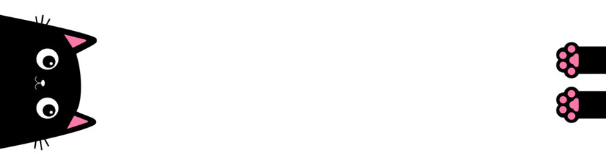 Cute cat face. Hanging body paw print. Black funny kitten. Kawaii animal. Line banner. Cartoon pet. Baby card. Sticker print. Notebook cover. Flat design. White background.