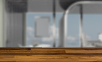 Elegant office interior. Mixed media. 3D rendering.. Mockup.   E. Background with empty wooden table. Flooring.