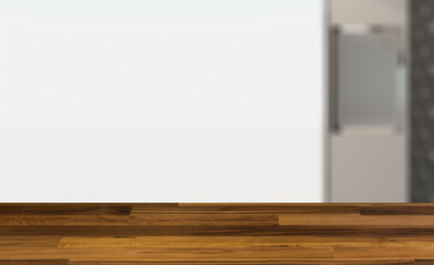 Modern bathroom including bath and sink. 3D rendering.. Modern E. Background with empty wooden table. Flooring.