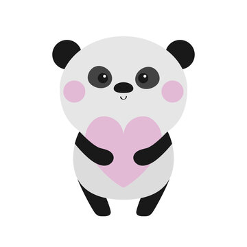 Cute panda bear icon holding pink heart. Kawaii cartoon character. Funny head face. Pink cheeks. Happy Valentines Day. Love greeting card. Notebook cover, tshirt. White background. Flat design.