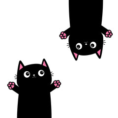 Two black cat set. Long body with pink paw print. Cute cartoon baby character. Funny face head silhouette. Happy Halloween. Meow. Kawaii animal. Pet collection. Flat design. Isolated White background.