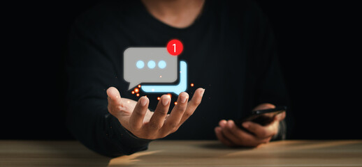 Social media marketing technology concept. Social network concept, home work chat in chat box icon pops up.