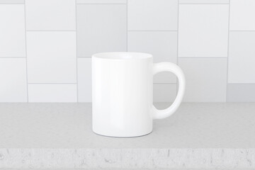 3d render scene with white mug on a kitchen table for mockup. Tiles on a wall and white clean table background. Office or cafe advertising design