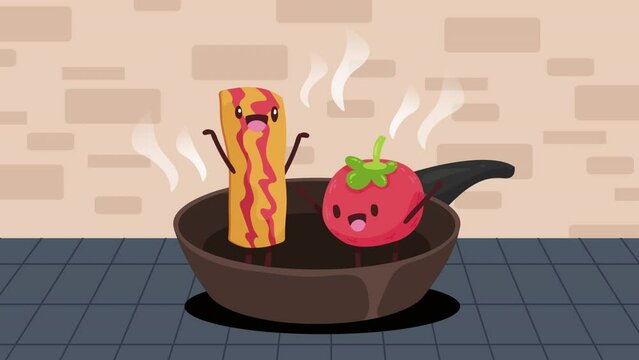 bacon and tomato in pan kawaii characters