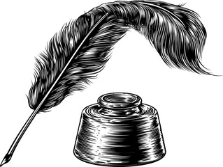 Feather Quill Pen and Inkwell - obrazy, fototapety, plakaty
