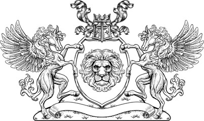 Crest Pegasus Horses Coat of Arms Lion Shield Seal