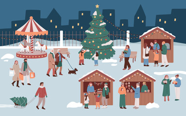 Christmas fair.  Happy crowd.Christmas market. Family, people, buying treats, having fun, shopping, drinking and eating. New year market. Celebration, holidays outdoors. Flat vector illustration.