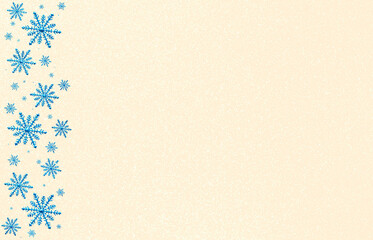 Winter beige pink saturated bright background with random blue snowflakes left side. Christmas, New Year card with copy space.