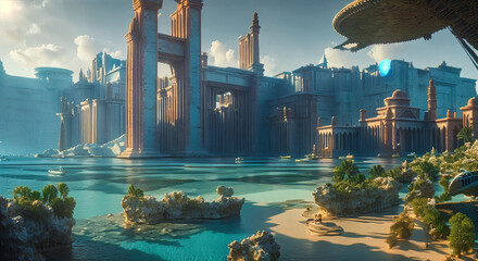 fantasy illustration of ancient Atlantis city with huge stone buildings and white walls some palm trees rocks and water with sad beach blue energy sphere in back,generative AI - obrazy, fototapety, plakaty