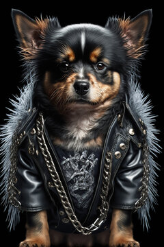 Heavy Metal Dog Portrait. Dog Dressed As Rockstar. Funny Dog Illustration