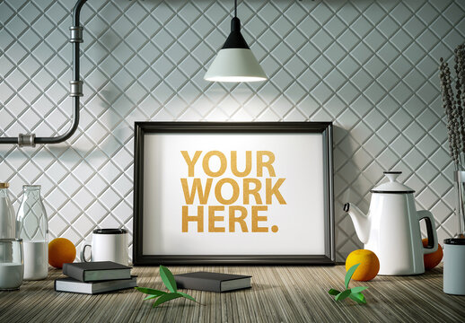 Horizontal black frame poster Mockup standing on table in kitchen
