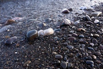  Seashore with pebbles and stones in the evening at sunset