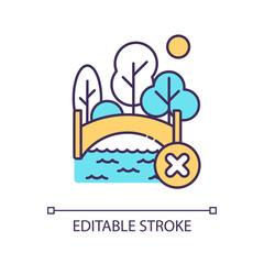 No walking on bridge RGB color icon. Denied access. Ban on outdoor activities. Recreation zone prohibition. Isolated vector illustration. Simple filled line drawing. Editable stroke. Arial font used