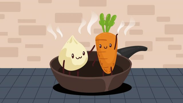 carrot and garlic in pan kawaii animation