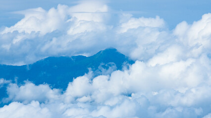 Aerial view of beautiful sky with clouds and sun on a summer day. Time lapse of clouds above the blue sky with the sun shining. Sky nature background.